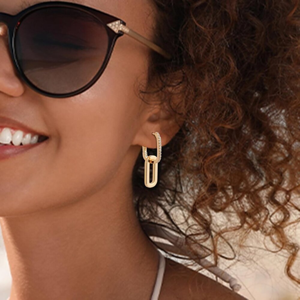 18K Gold Plated Paperclip Earrings for Women Convertible Dangle Hoops - Picture 2 of 9